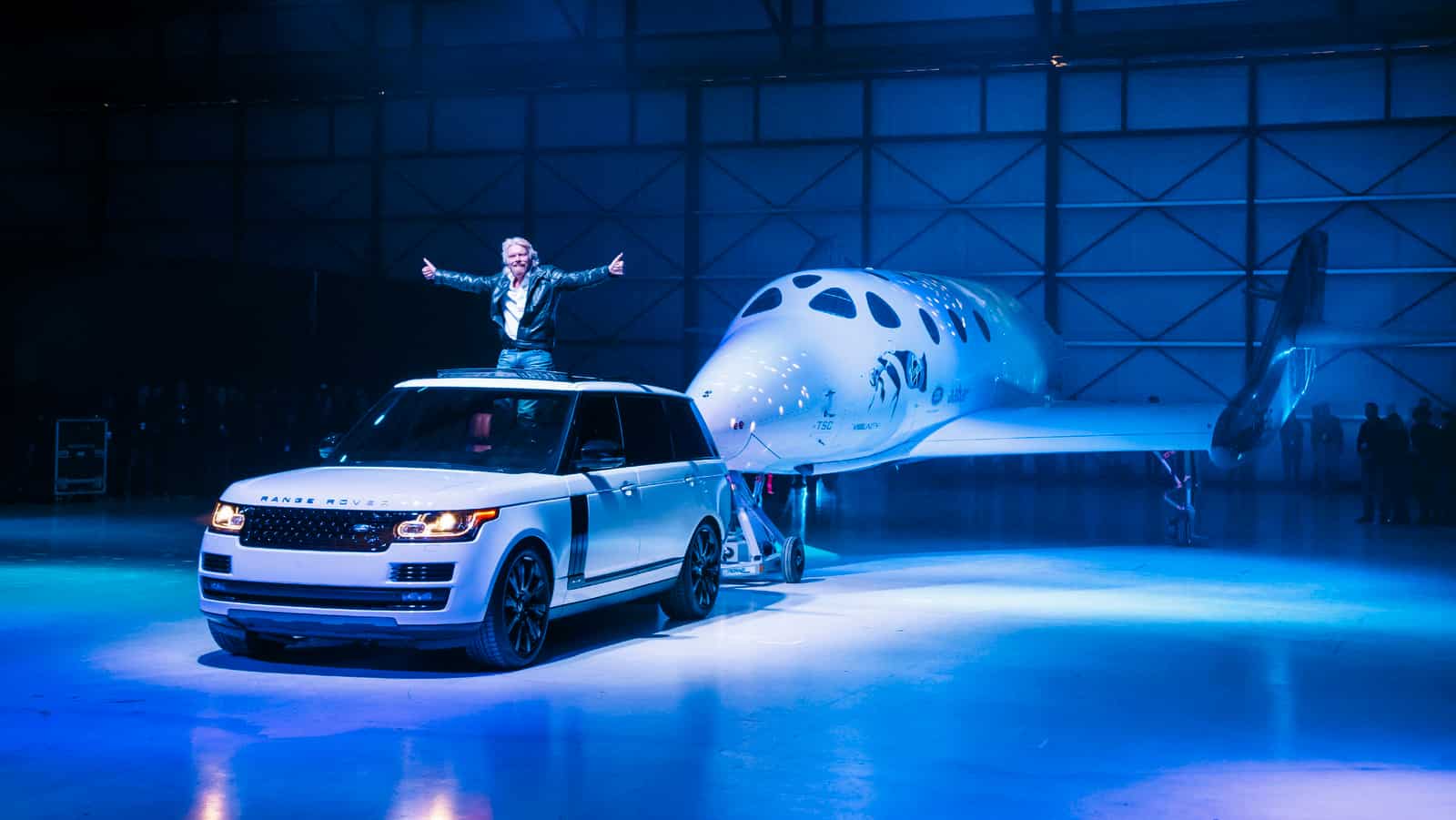 Land Rover’s partnership with Virgin Galactic celebrated as Range Rover Autobiography tows new spaceship VSS Unity at global reveal and naming event with Sir Richard Branson at the Mojave Air and Space Port, California, USA