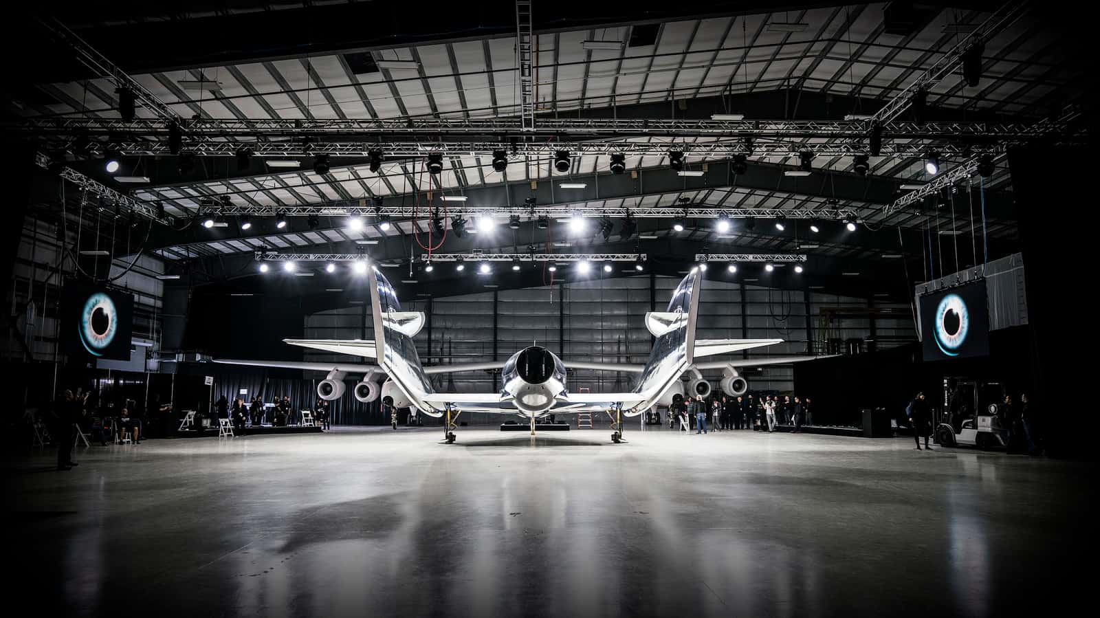 Virgin airplane in a hangar