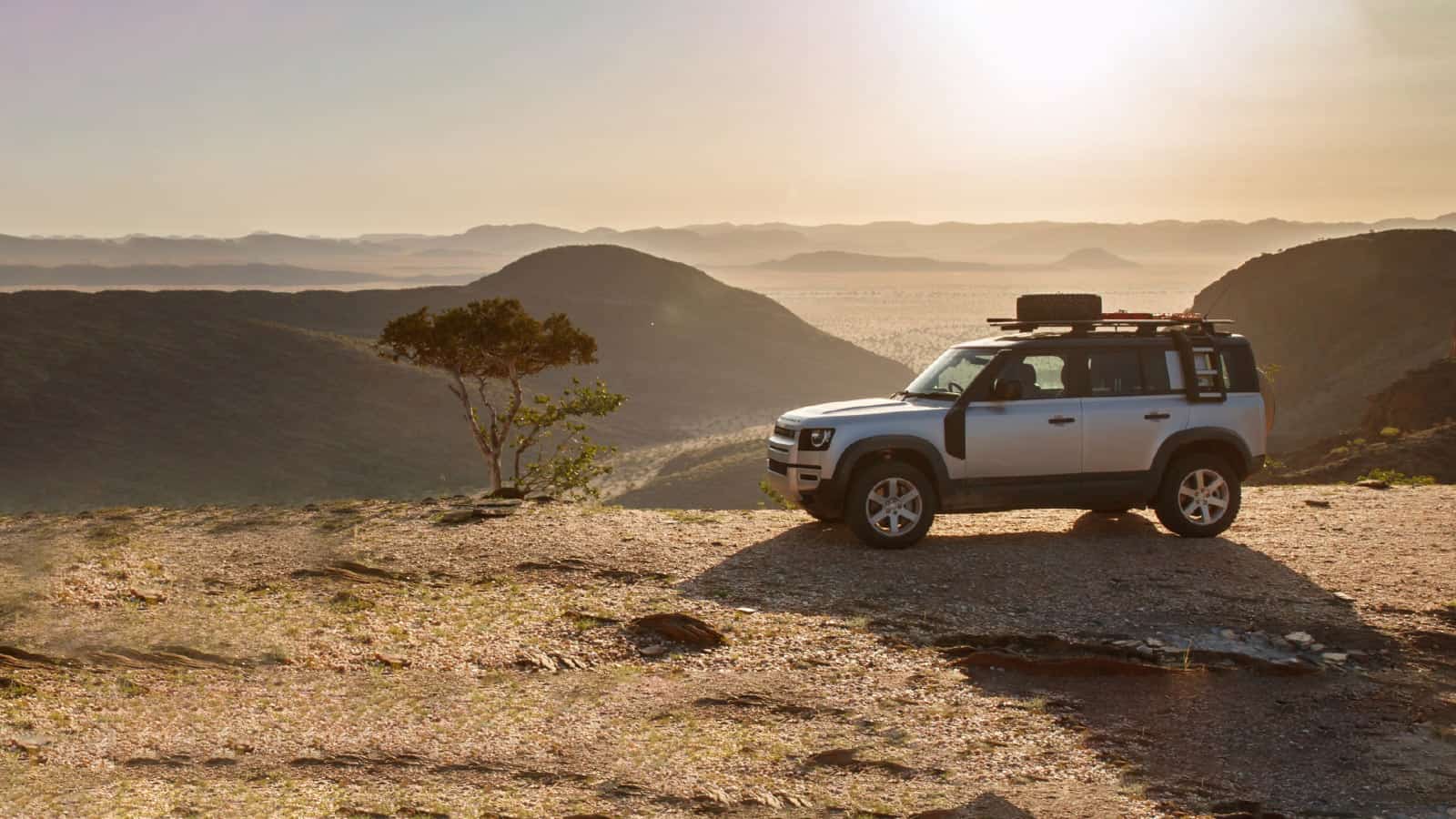 The Defender parked on a ridge in a savannah