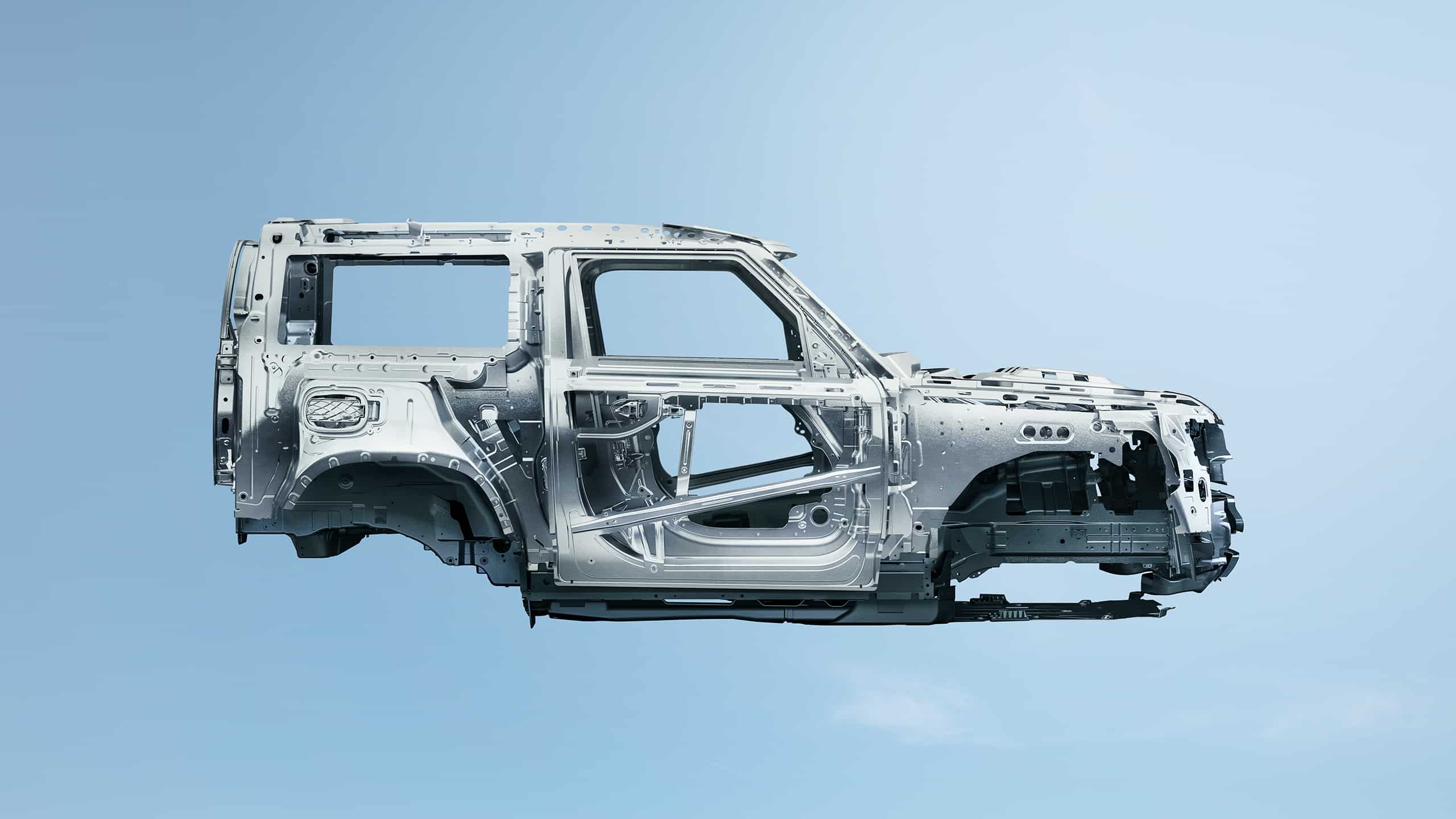 Side view of production car chassis frame