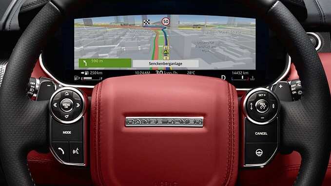 Close up of Range Rover steering wheel and Virtual Instrument Display