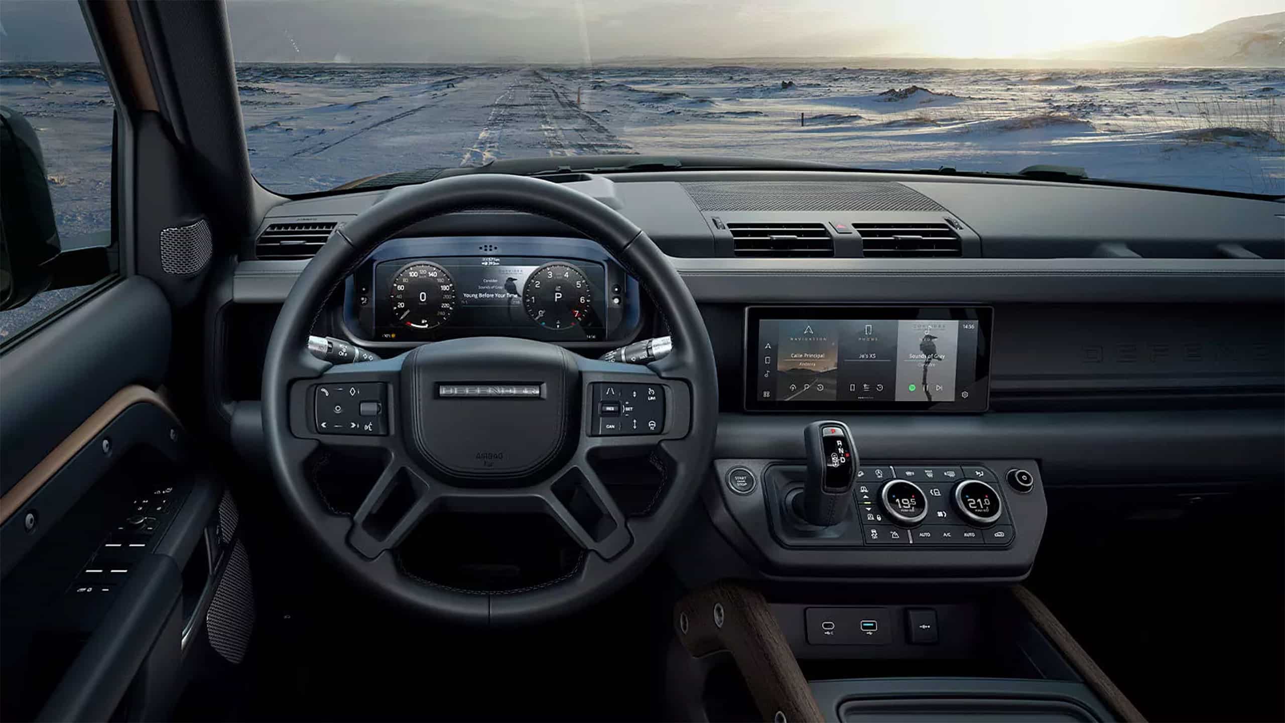Defender interior dashboard and infotainment system.